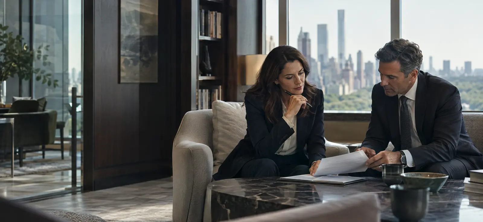 An experienced financial-services professional reviewing a confidential career plan with an advisor